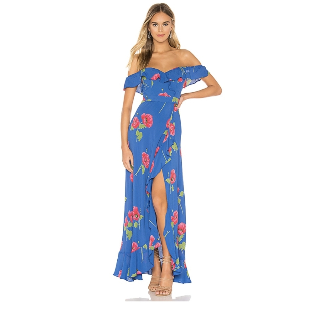 Revolve Flynn Skye Monica Blue Floral Ruffle Maxi